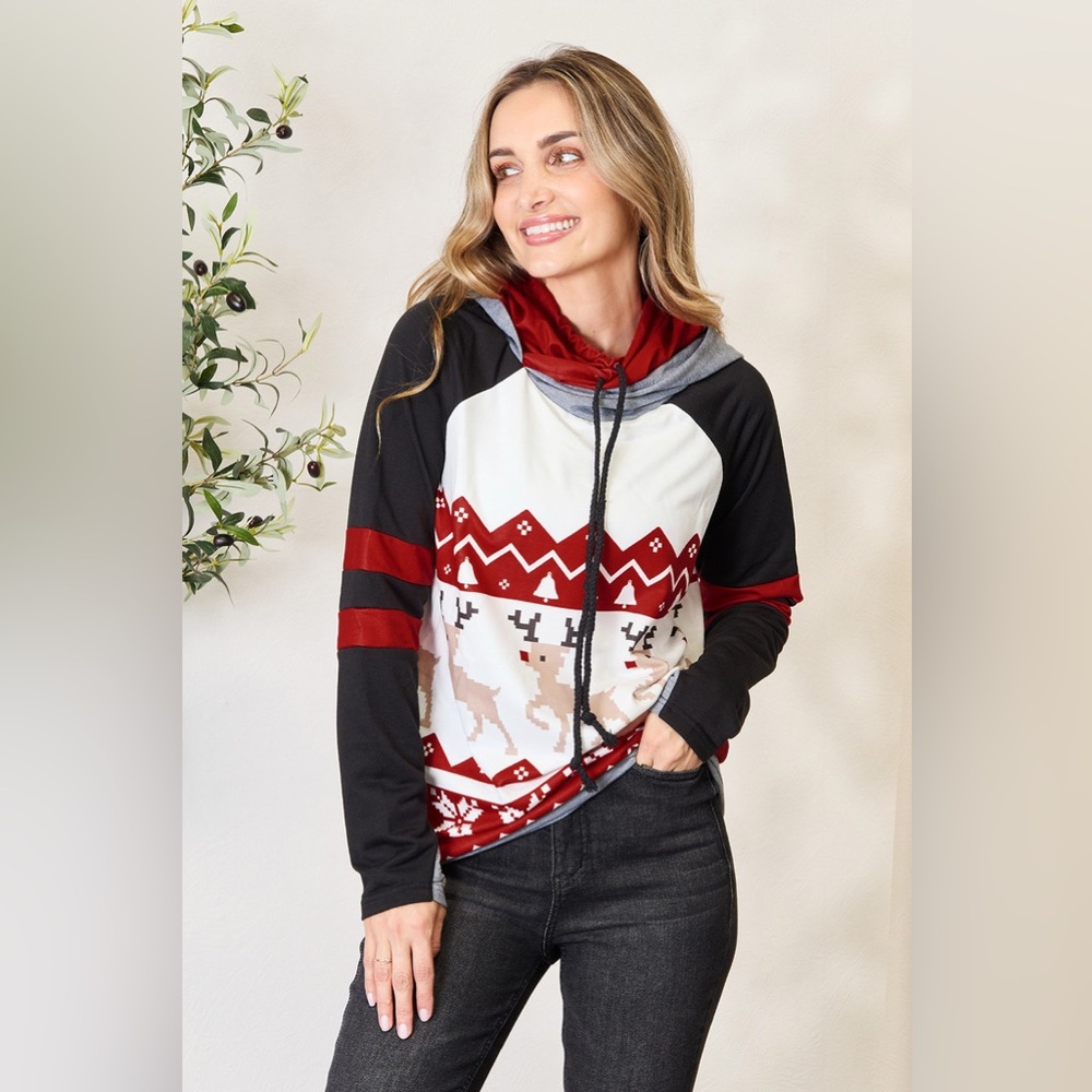 Double Take Full Size Christmas Drawstring Long Sleeve Hoodie